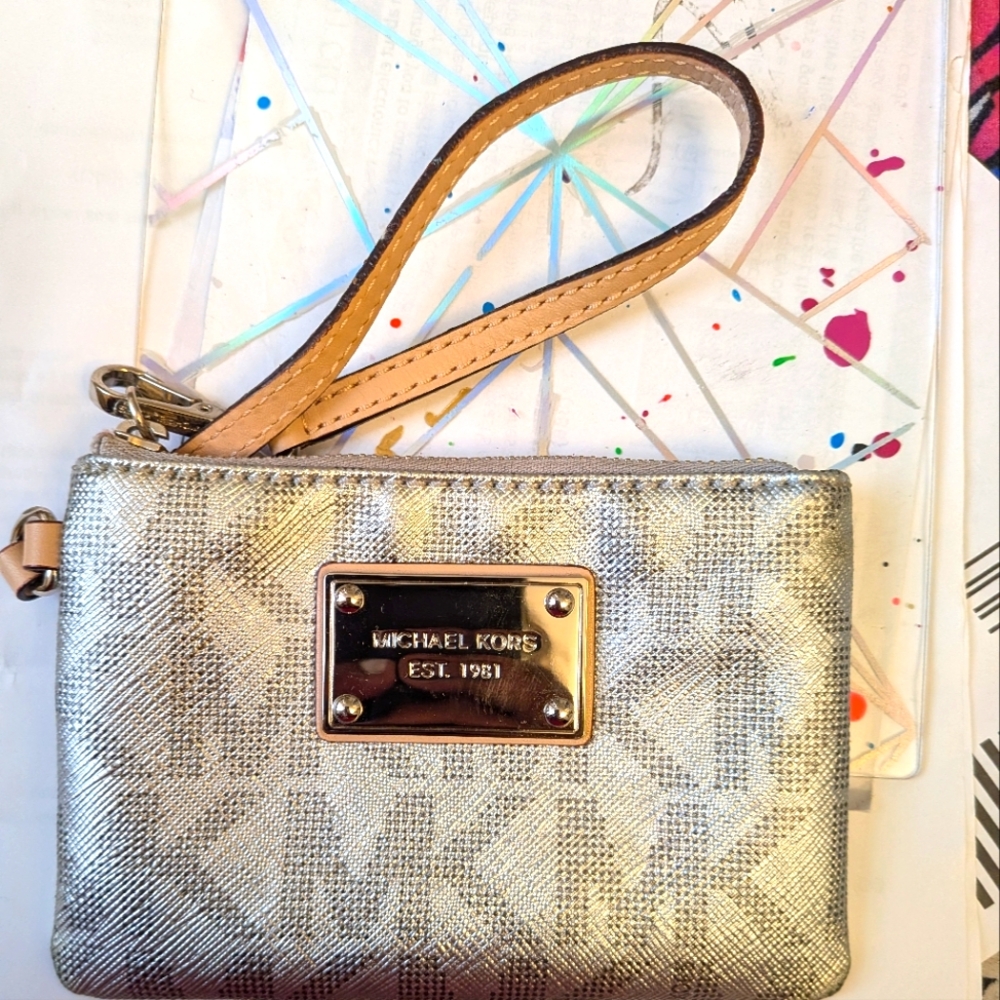 Michael Kors Silver and Tan Wristlet